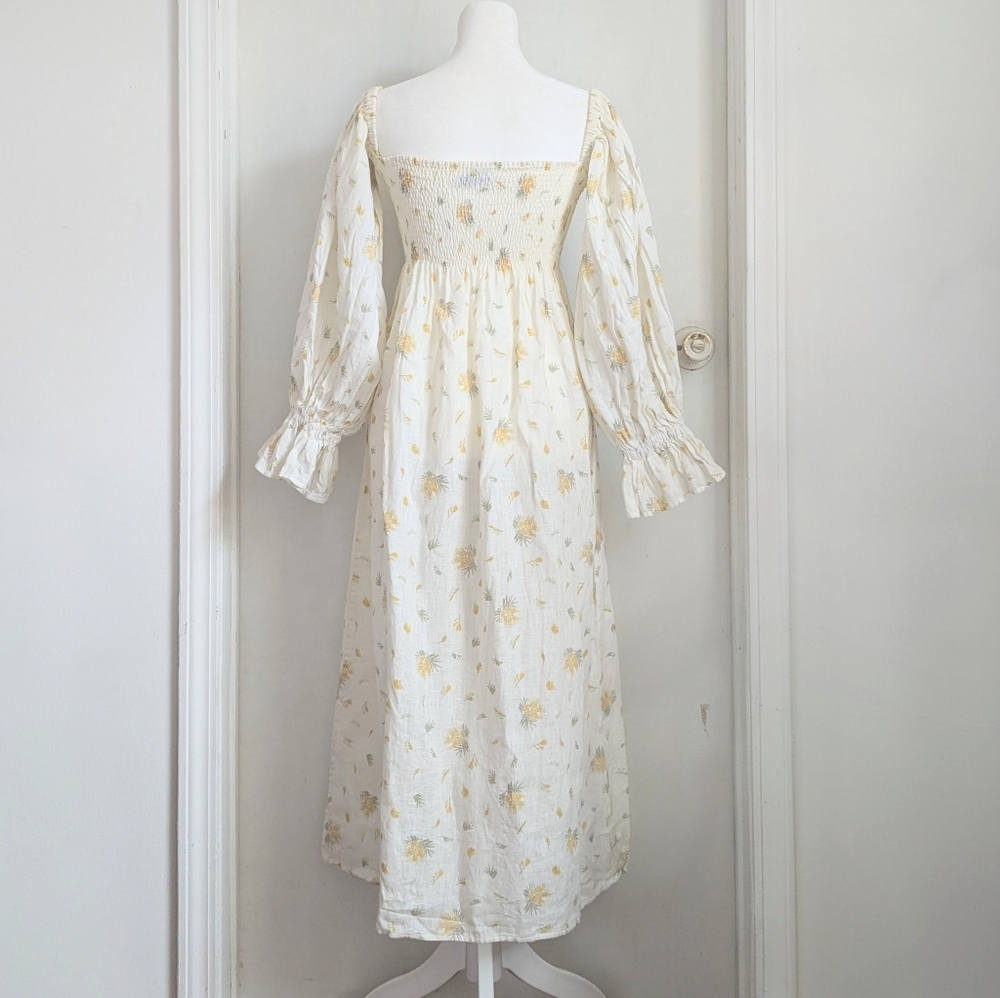 Sleeper Atlanta Smocked Linen Midi Dress Cottagecore Mimosa Size M - Picture 2 of 11
